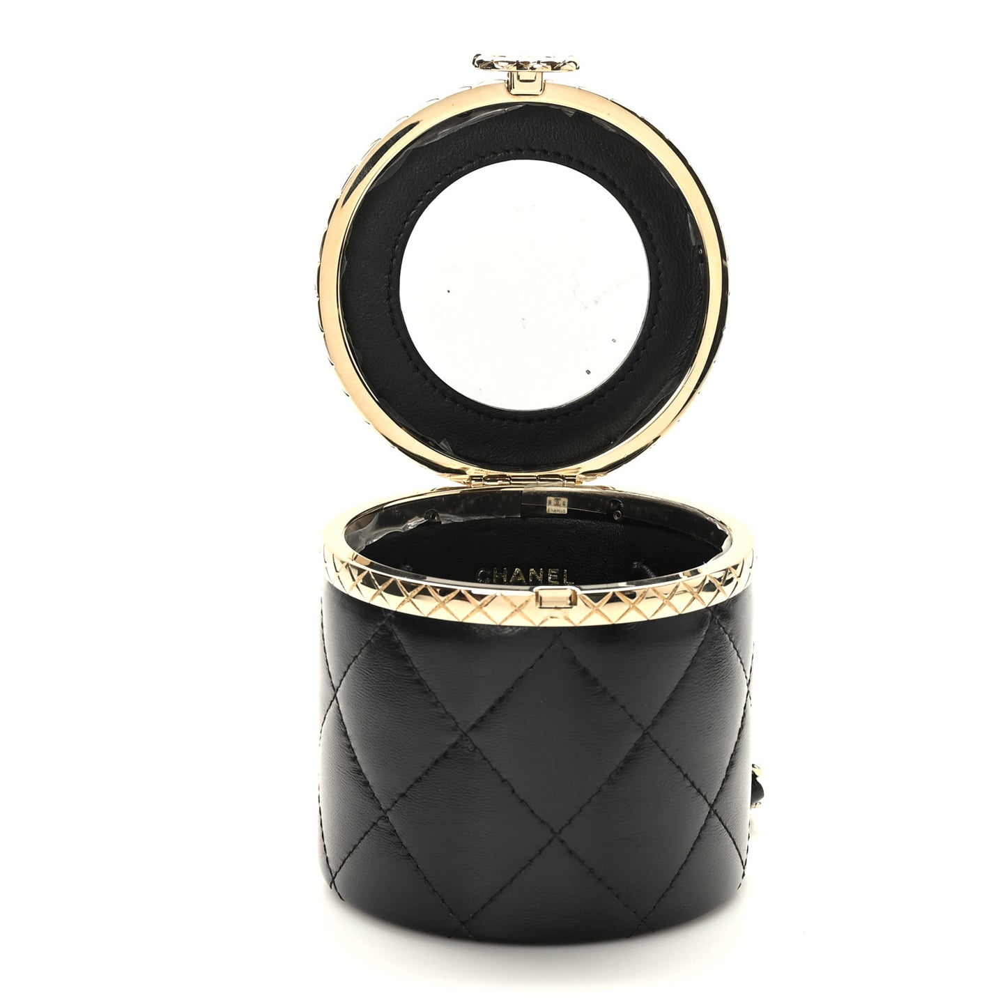 Metal Lambskin Quilted Mini Lock Frame Vanity Clutch Black