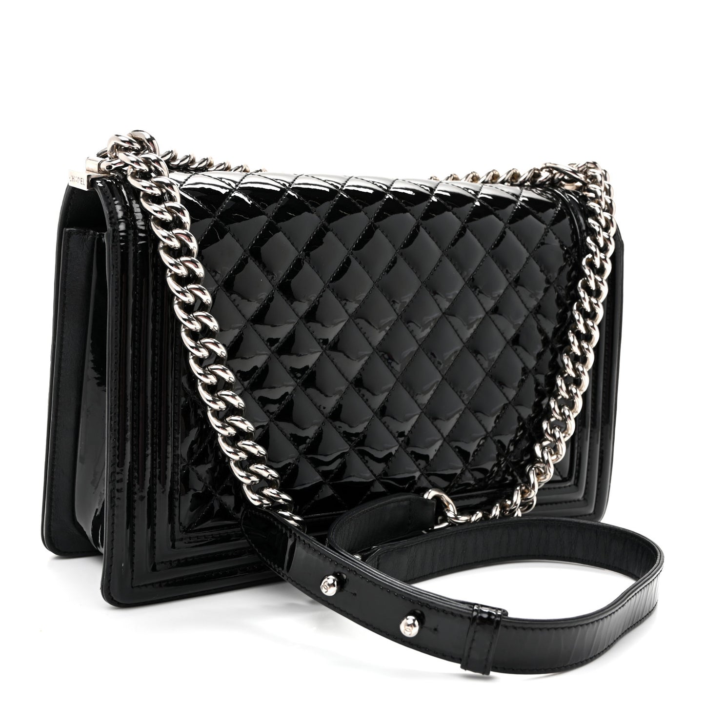 Patent Calfskin Quilted New Medium Plexiglass Boy Flap Black