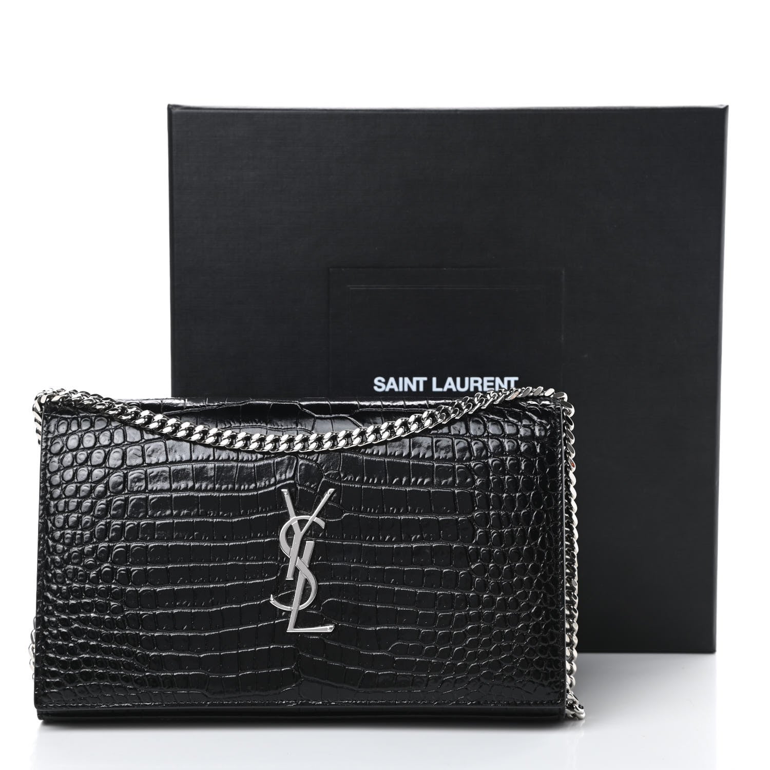 Saint Laurent Calfskin Crocodile Embossed Monogram Chain Wallet Black 15 of 15