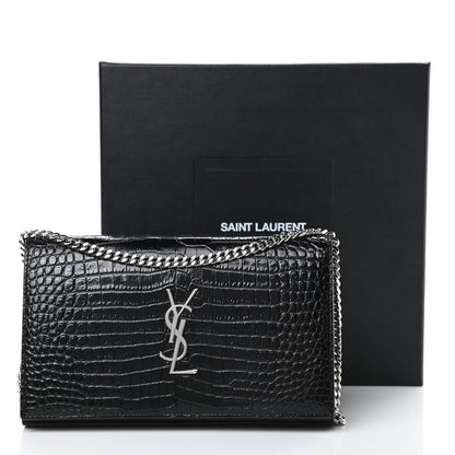 Saint Laurent Calfskin Crocodile Embossed Monogram Chain Wallet Black 15 of 15