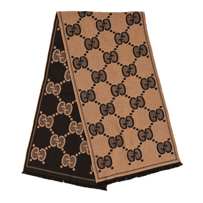 Gucci Wool Lame Jacquard Monogram Jumbo GG Lady Nest Lux Scarf Beige Dark Brown 2 of 4