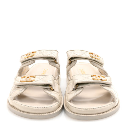 Chanel Shiny Calfskin Quilted Velcro Dad Pearl CC Slide Sandals 39.5 Light Beige 3 of 10