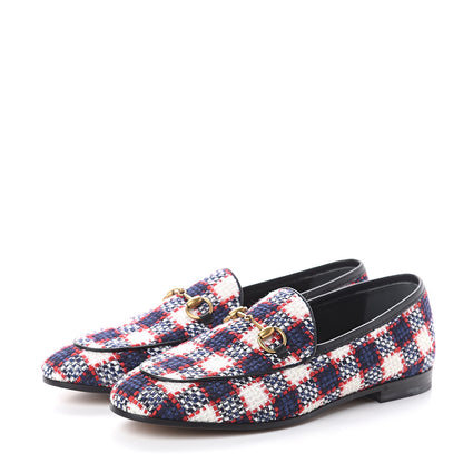 Gucci Vintage Tweed Check Horsebit Womens Jordaan Loafers 37 White Hibiscus Red Marine 3 of 7
