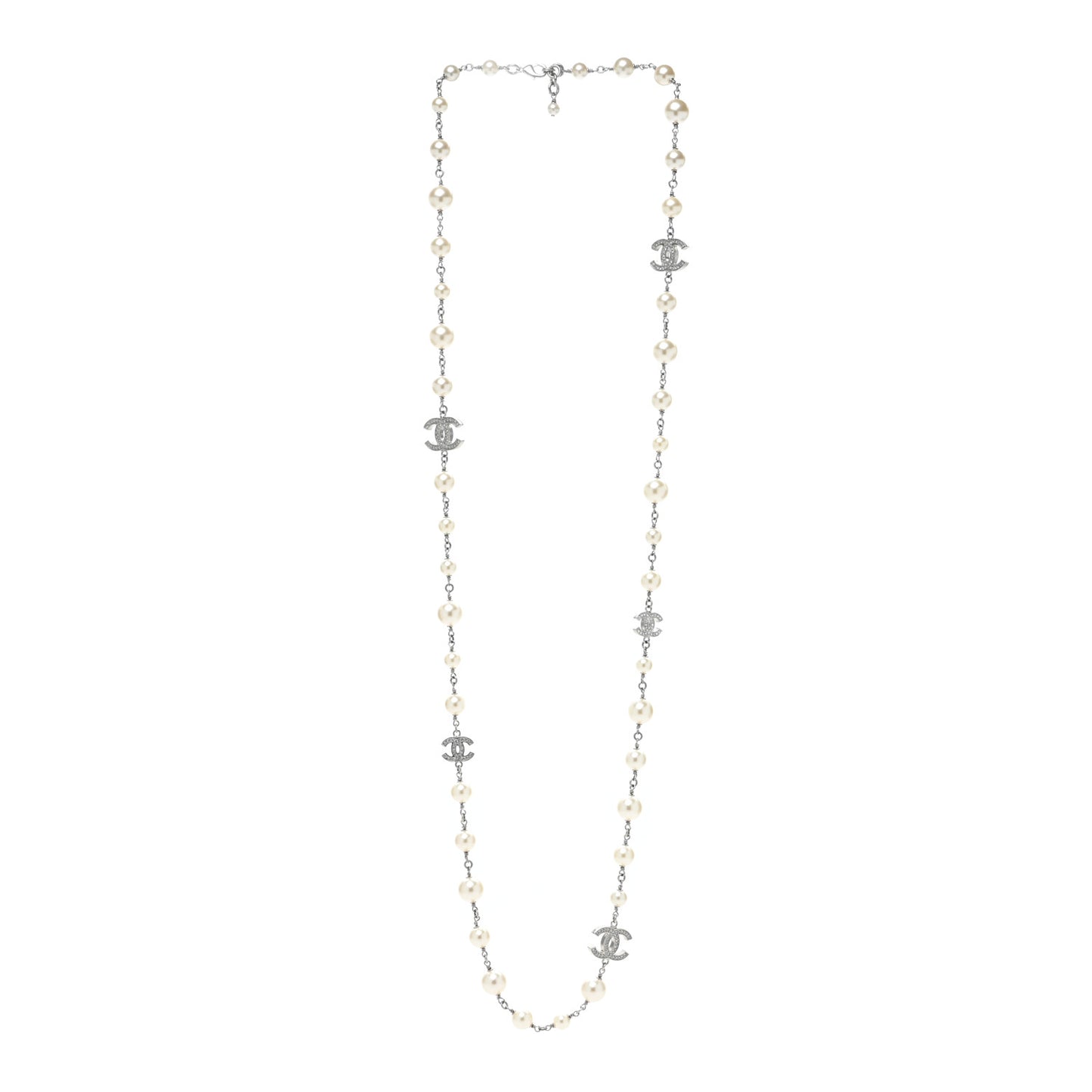 Graduated Pearl Crystal CC Long Necklace Silver