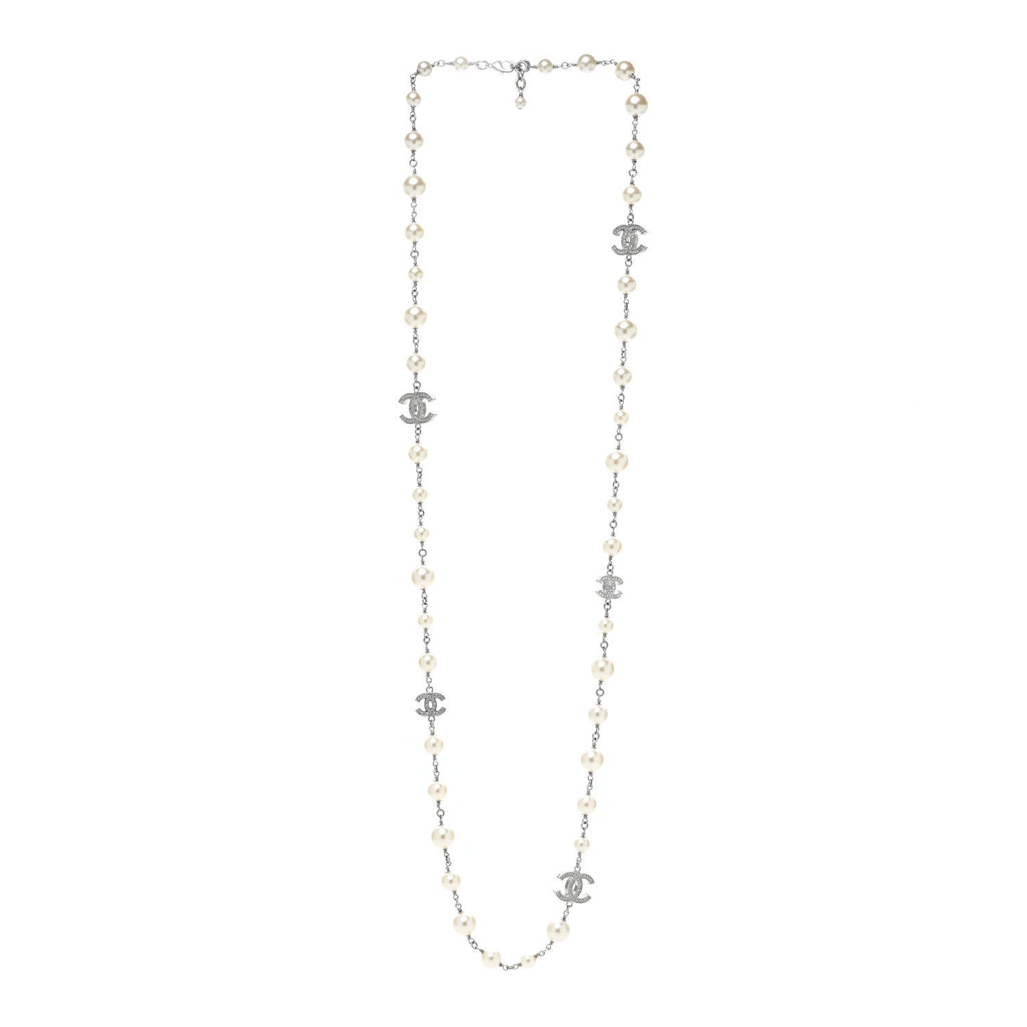 Chanel Graduated Pearl Crystal CC Long Necklace Silver 2 of 6