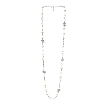 Chanel Graduated Pearl Crystal CC Long Necklace Silver 2 of 6