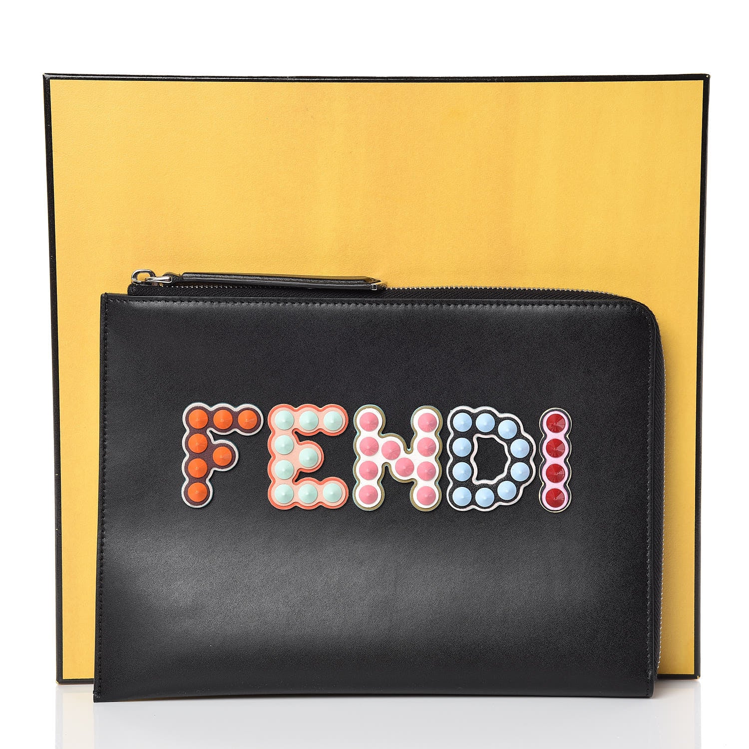 Fendi Vitello Liberty Fun Fair Studded Zip Around Pouch Black Multicolor 8 of 8