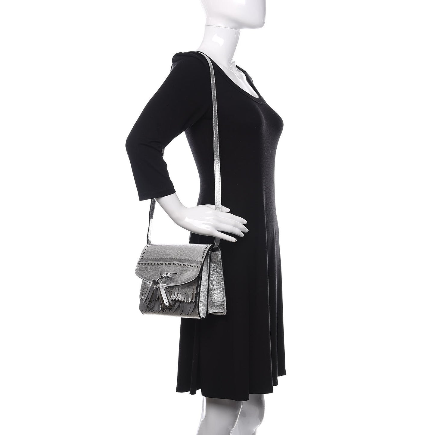 Metallic Grainy Calfskin Broguing Tassel Small Macken Crossbody Bag Silver