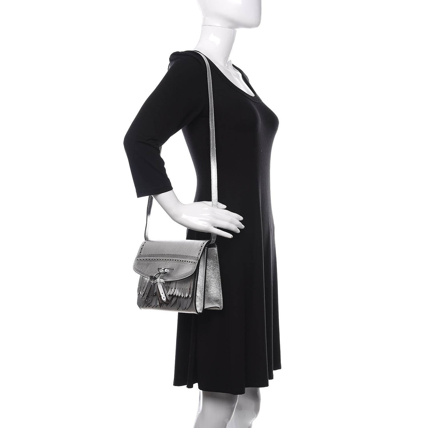 Burberry Metallic Grainy Calfskin Broguing Tassel Small Macken Crossbody Bag Silver 2 of 11