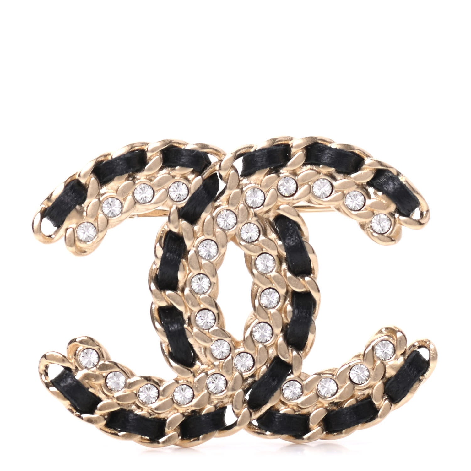 Chanel Lambskin Crystal Vintage Allure CC Chain Brooch Black Gold 1 of 5