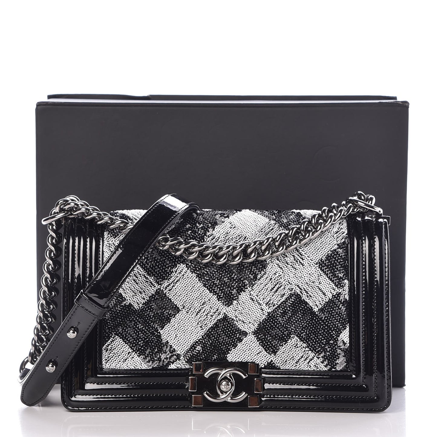 Patent Iridescent Calfskin Sequin Medium Boy Flap Bag Black