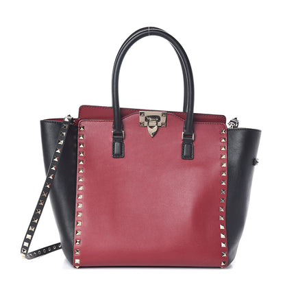 Valentino Garavani Vitello Bi-Color Rockstud Double Handle Tote Scarlet Black 1 of 9
