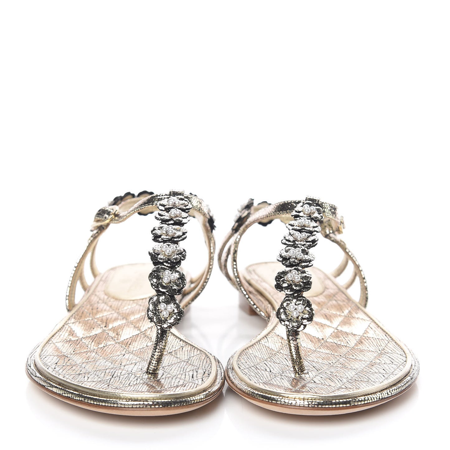 Fantasy Goatskin Pearl Camellia Thong Sandals 36 Gold