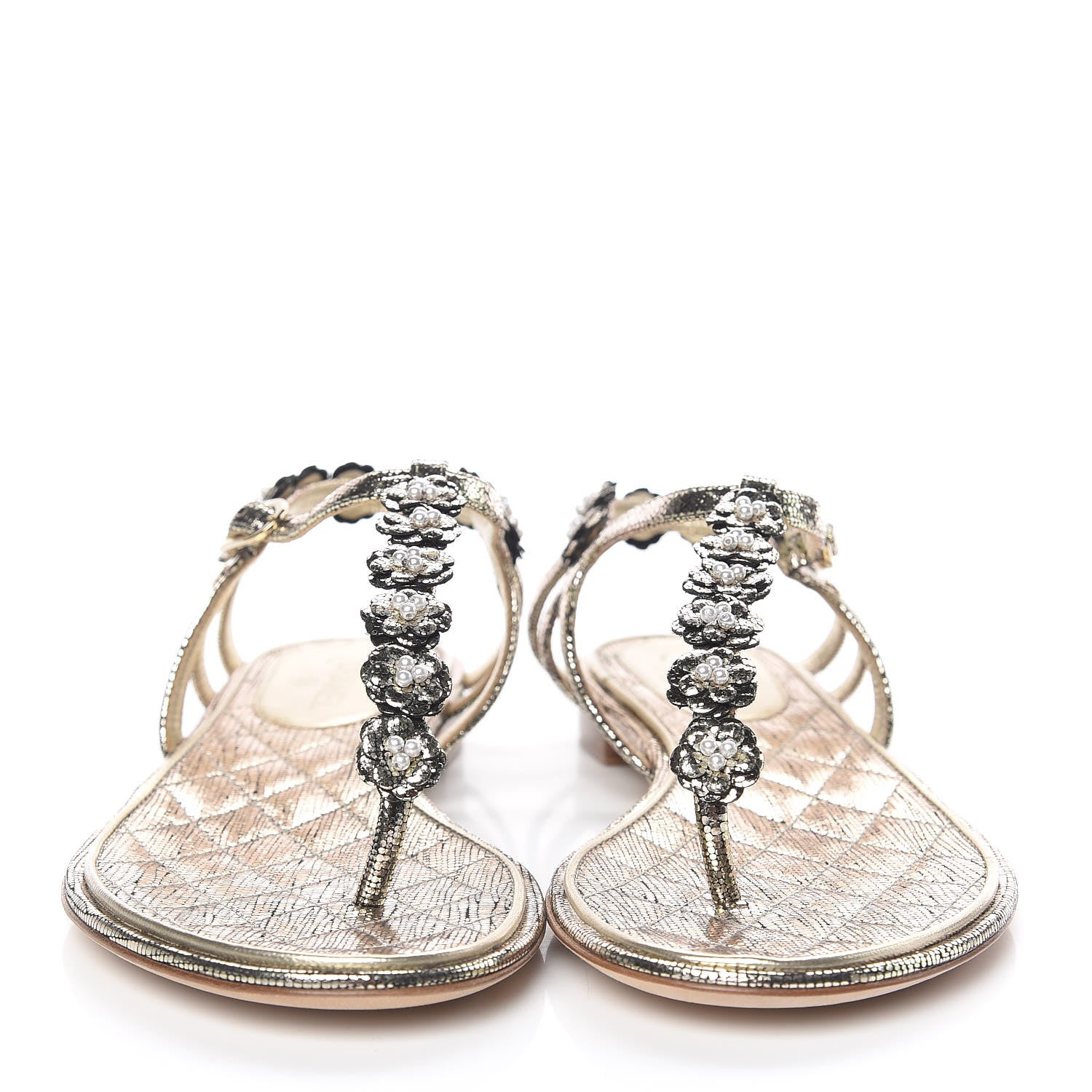 Chanel Fantasy Goatskin Pearl Camellia Thong Sandals 36 Gold 2 of 7