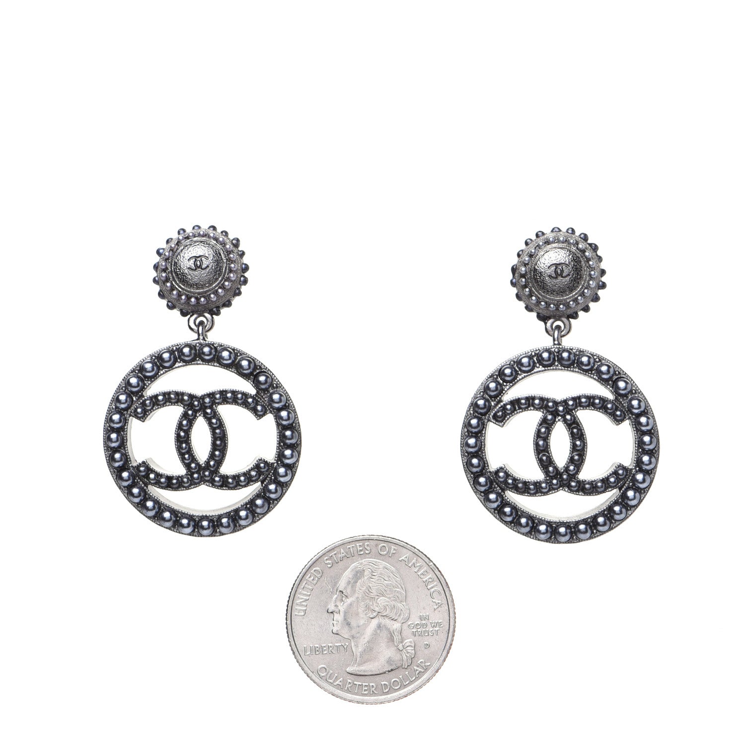 Chanel Ruthenium Beaded CC Drop Earrings Dark Grey 2 of 9