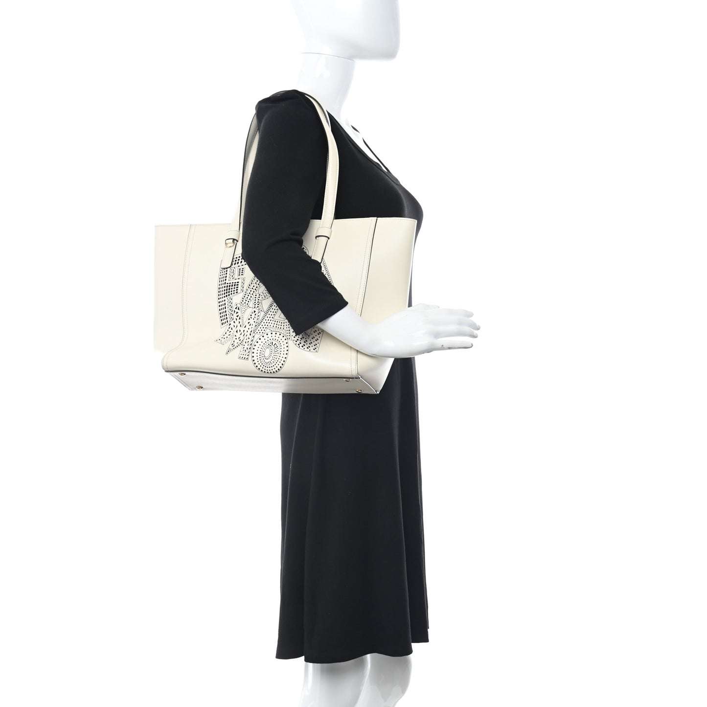Calfskin Perforated Logo Bonnie Tote Ivory Black