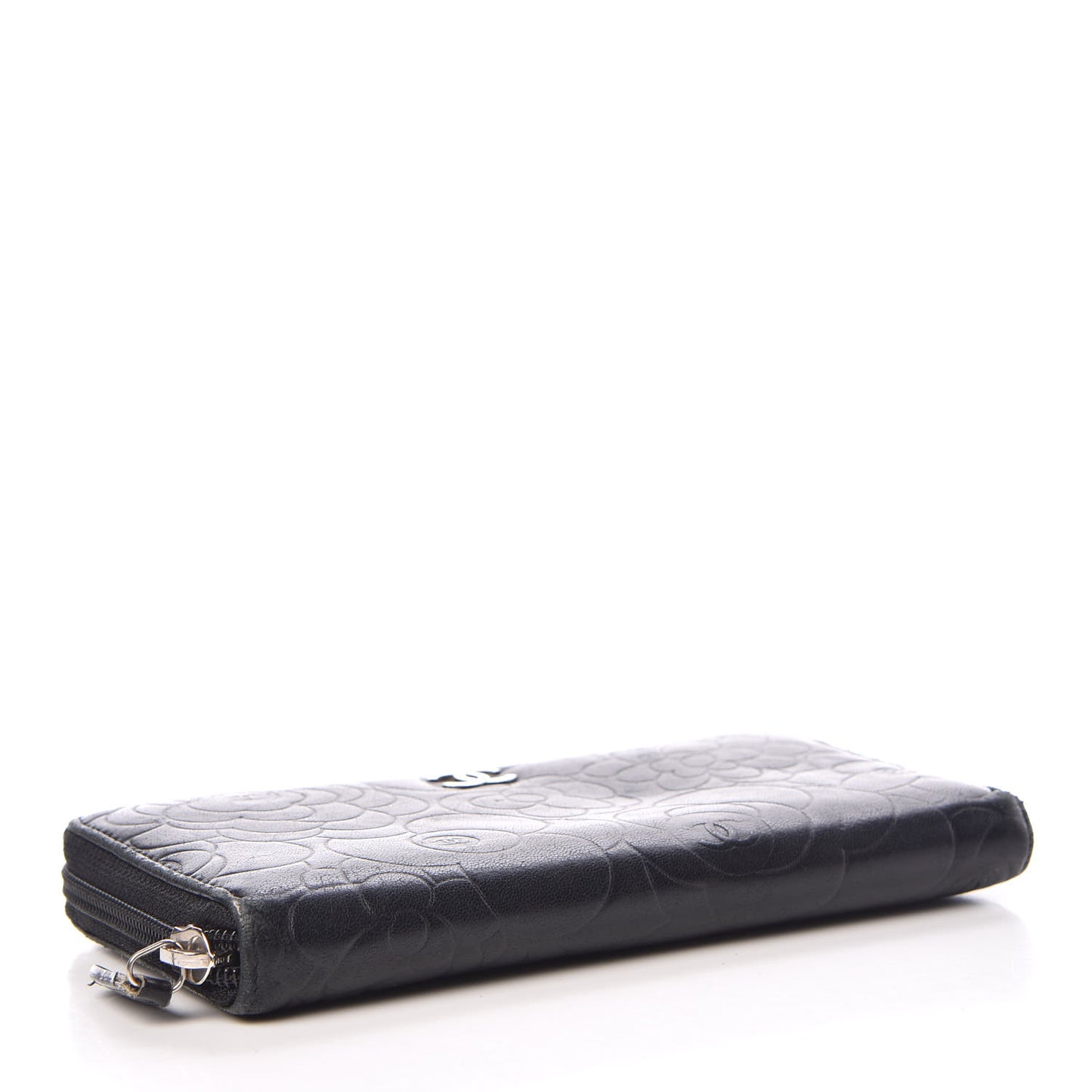 Lambskin Camellia Embossed Large Zip Around Gusset Wallet Black