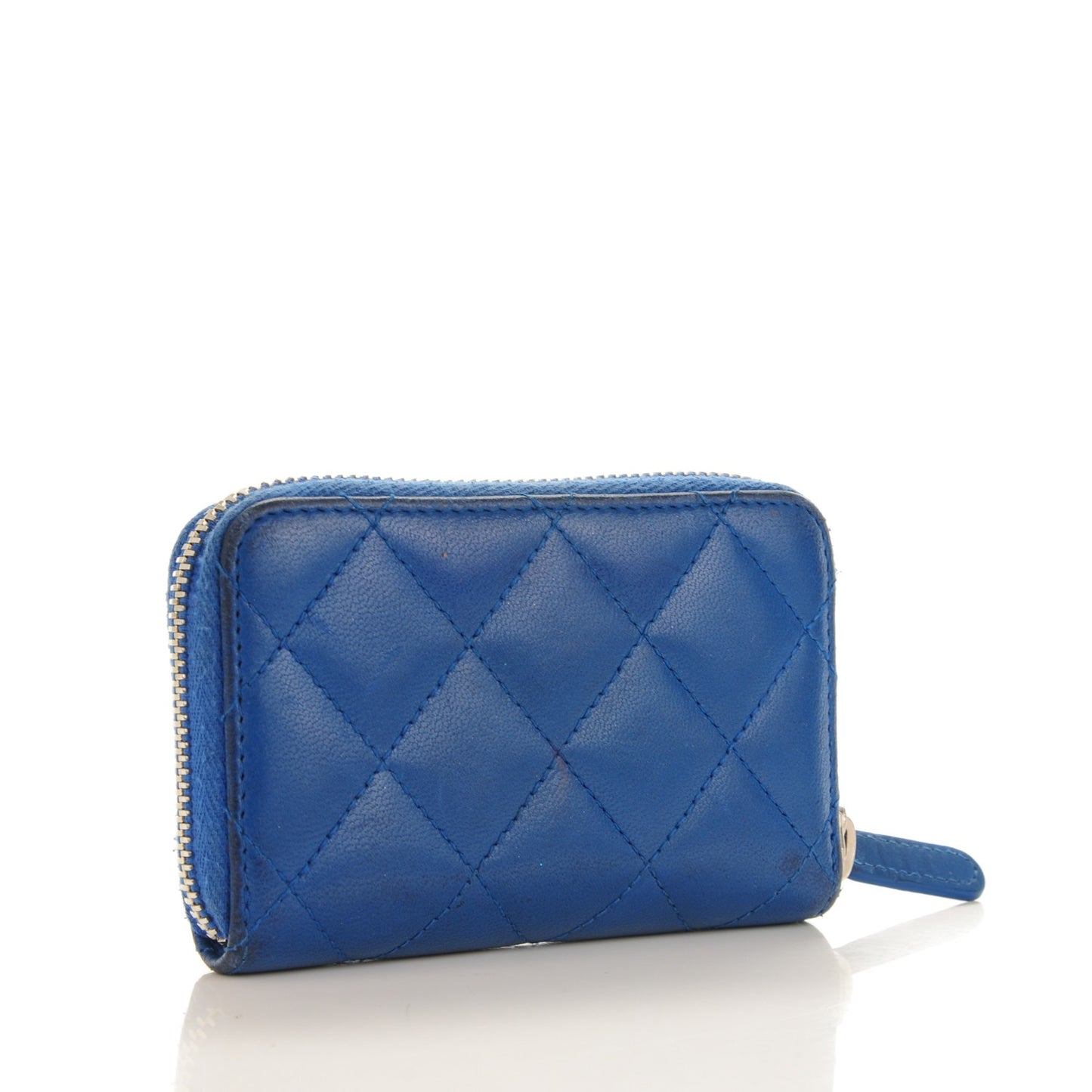 Lambskin Quilted Zip Around Coin Purse Wallet Blue