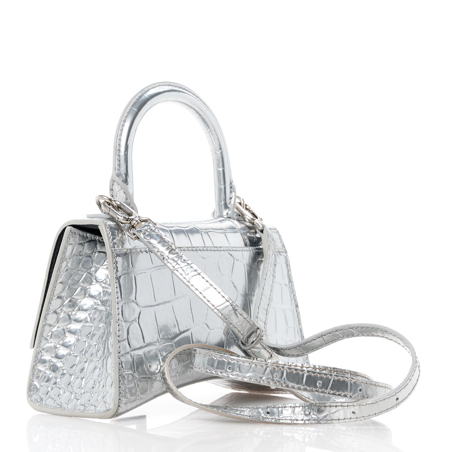 Balenciaga Metallic Calfskin Crocodile Embossed Hourglass Top Handle Bag XS Silver 3 of 10