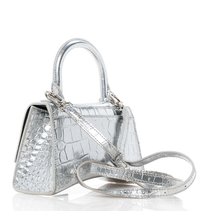 Balenciaga Metallic Calfskin Crocodile Embossed Hourglass Top Handle Bag XS Silver 3 of 10