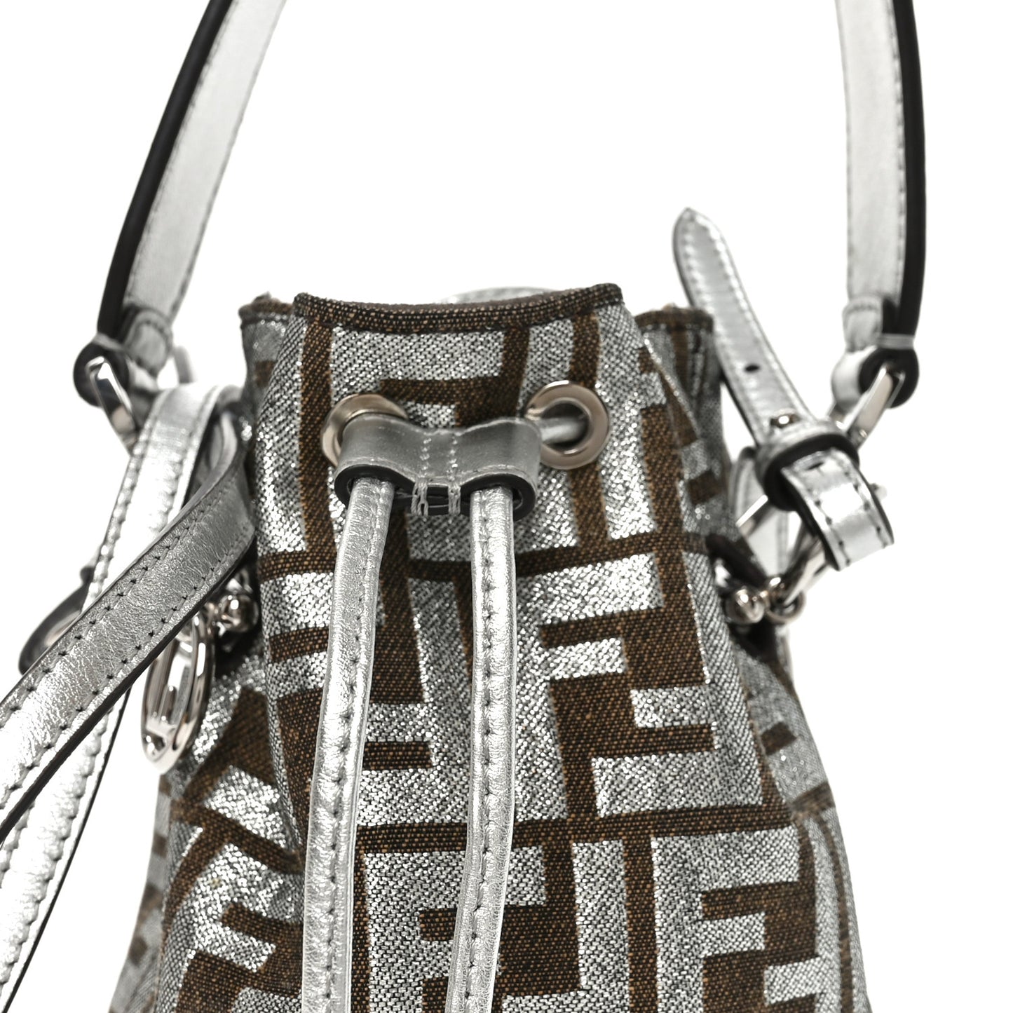 Vitello Catalan Mirror Canvas Fabric Jacquard FF 1974 Mini Mon Tresor Bucket Bag Ebano Argento