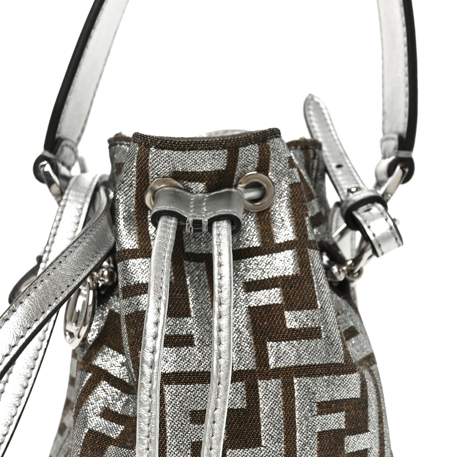 Fendi Vitello Catalan Mirror Canvas Fabric Jacquard FF 1974 Mini Mon Tresor Bucket Bag Ebano Argento 8 of 10