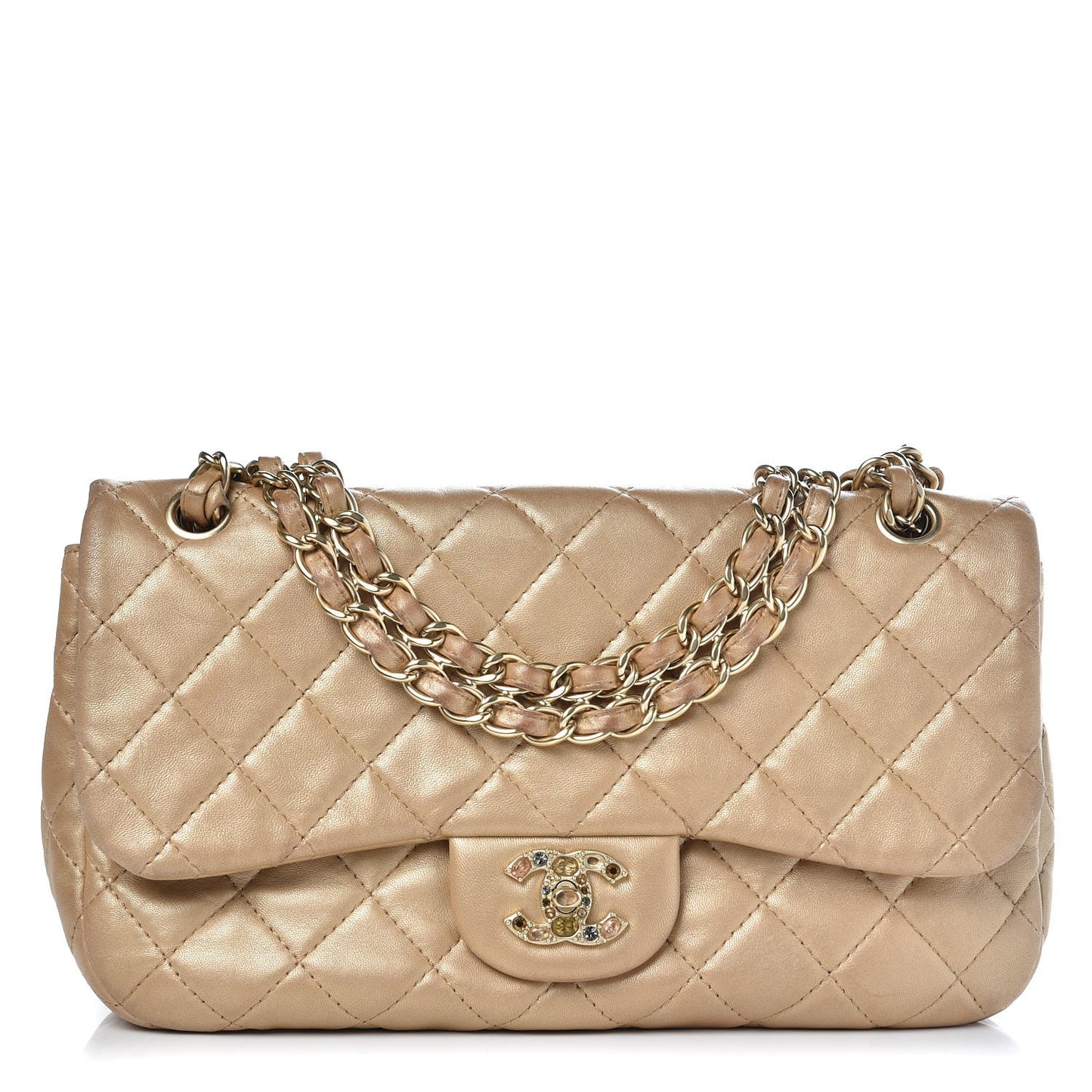 Metallic Lambskin Quilted Medium Precious Jewel Single Flap Gold