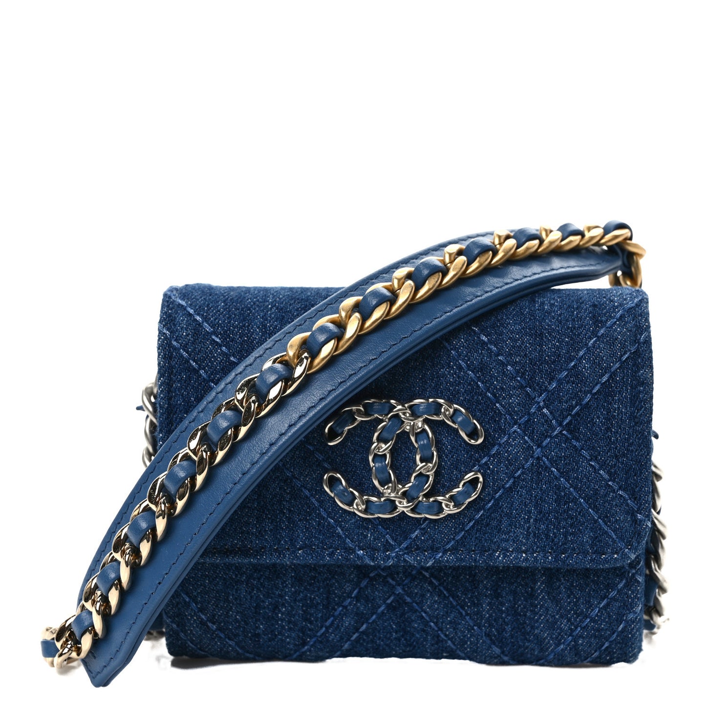 Denim Quilted Chanel 19 Flap Coin Purse With Chain Blue