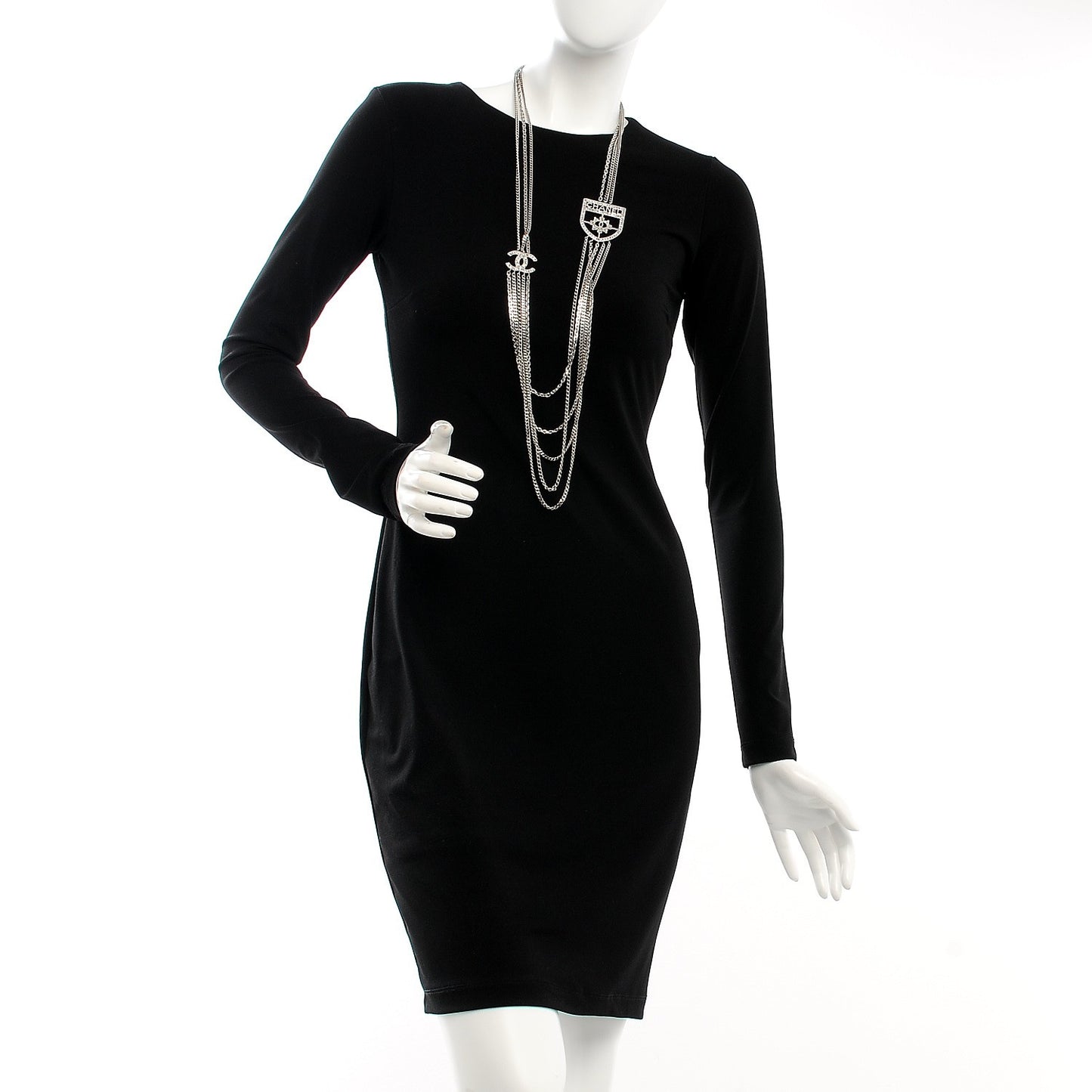 Baguette Crystal CC Shield Multi Strand Long Chain Necklace Silver