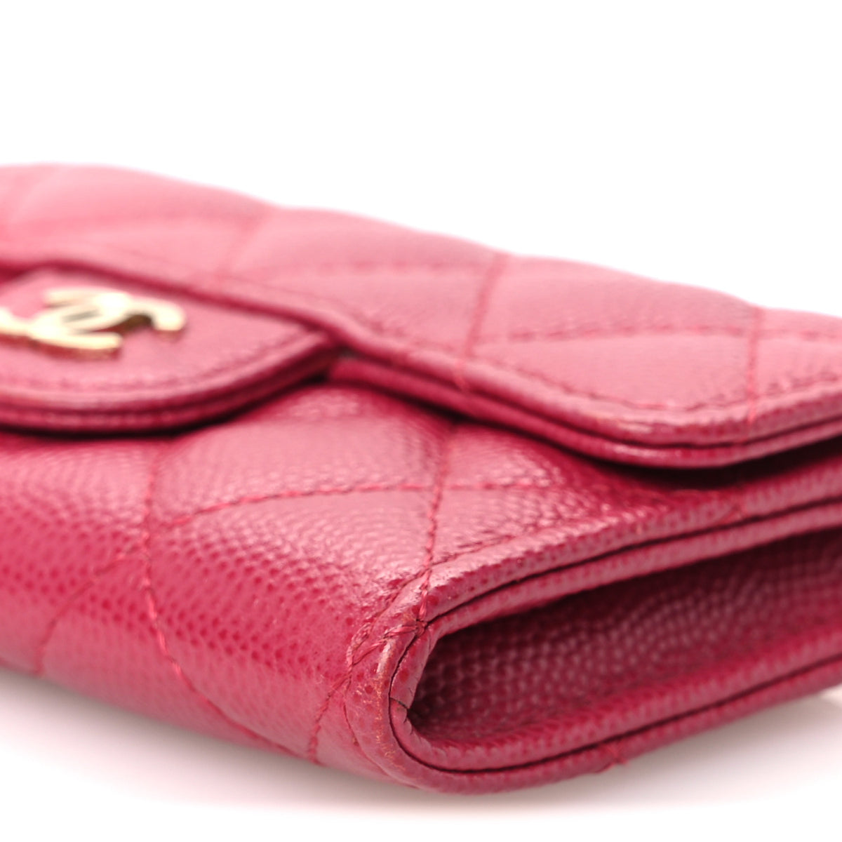 Caviar Quilted Flap Card Holder Wallet Dark Pink