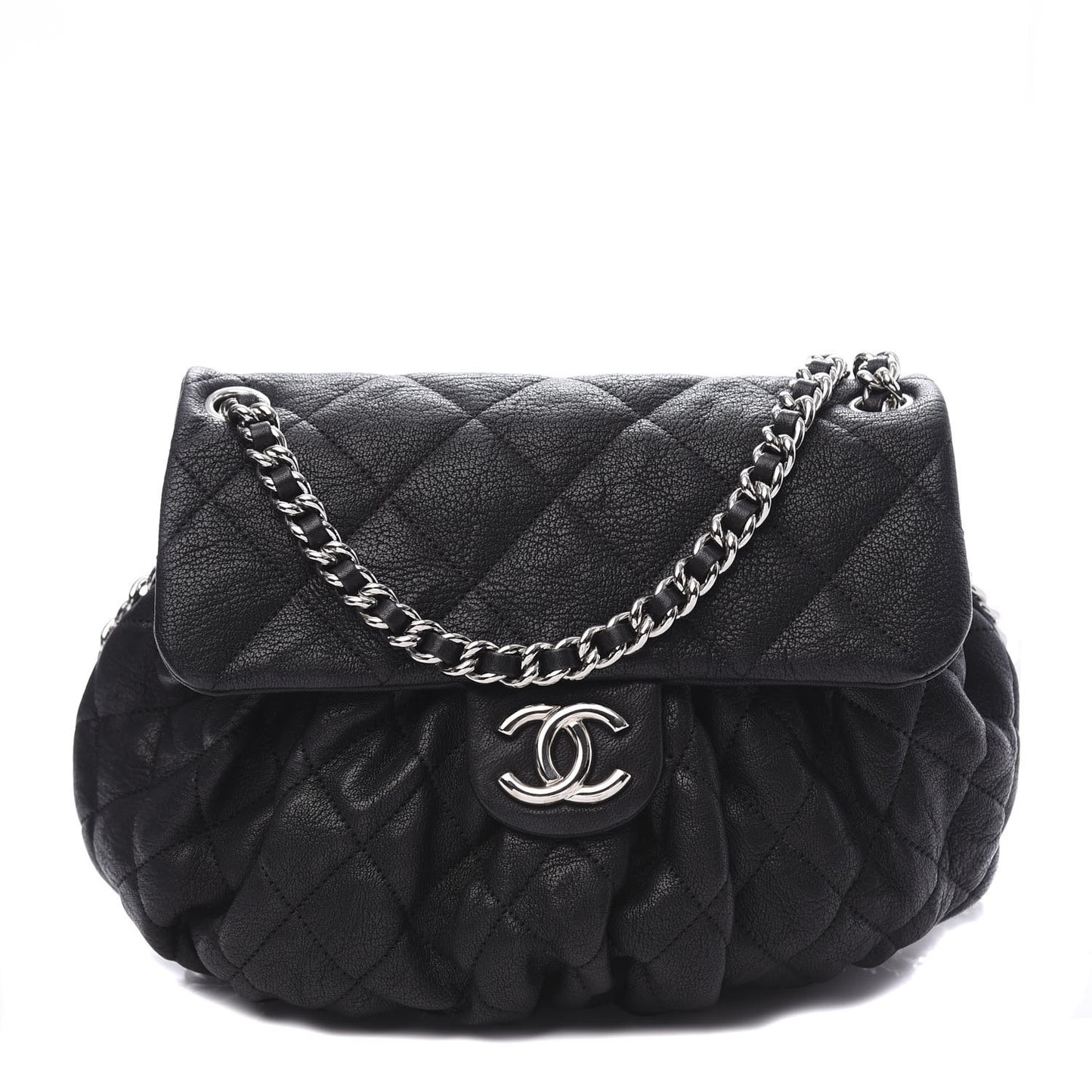 Crumpled Lambskin Quilted Medium Chain Around Messenger Black