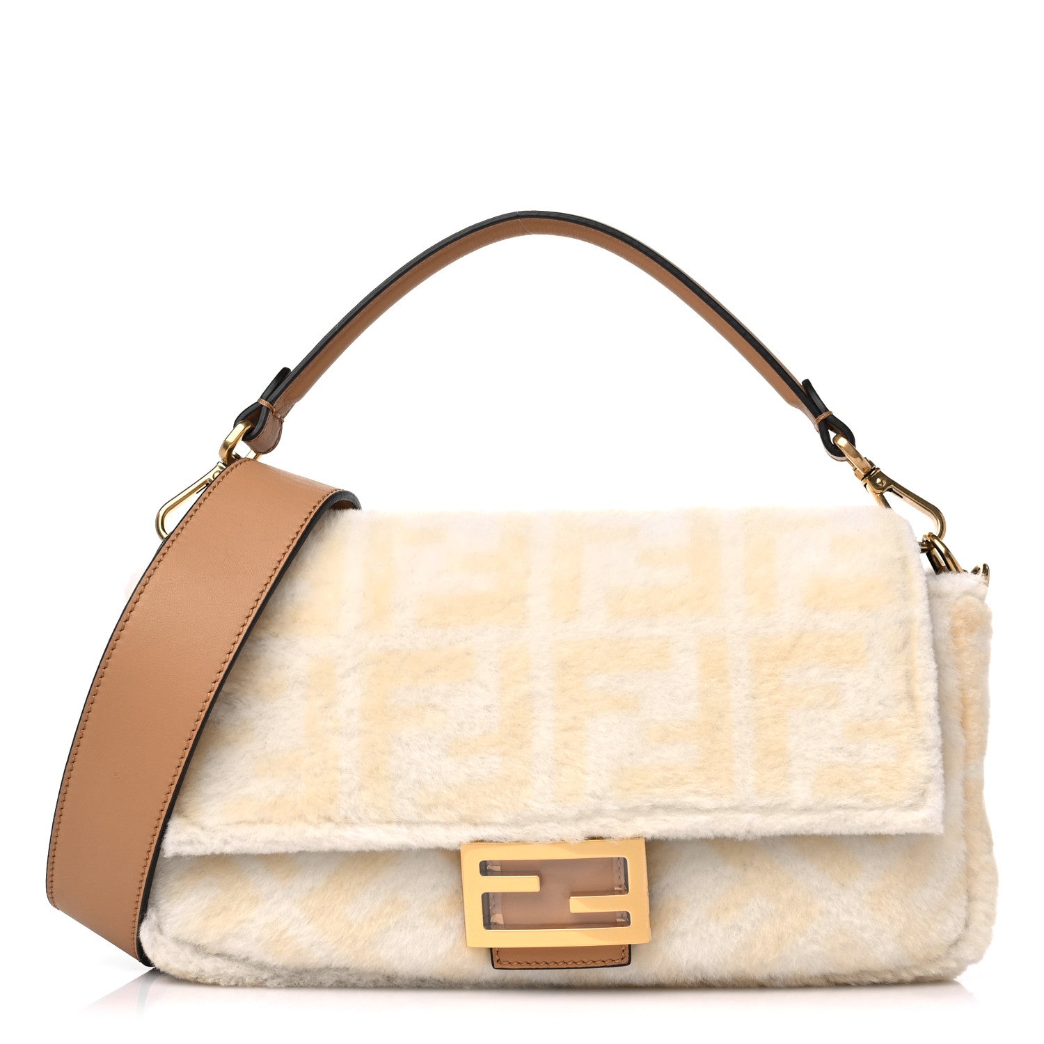 Fendi Shearling Vitello Dolce Macro FF 1974 Baguette White Ice Cuoio Miele Scuro 1 of 8