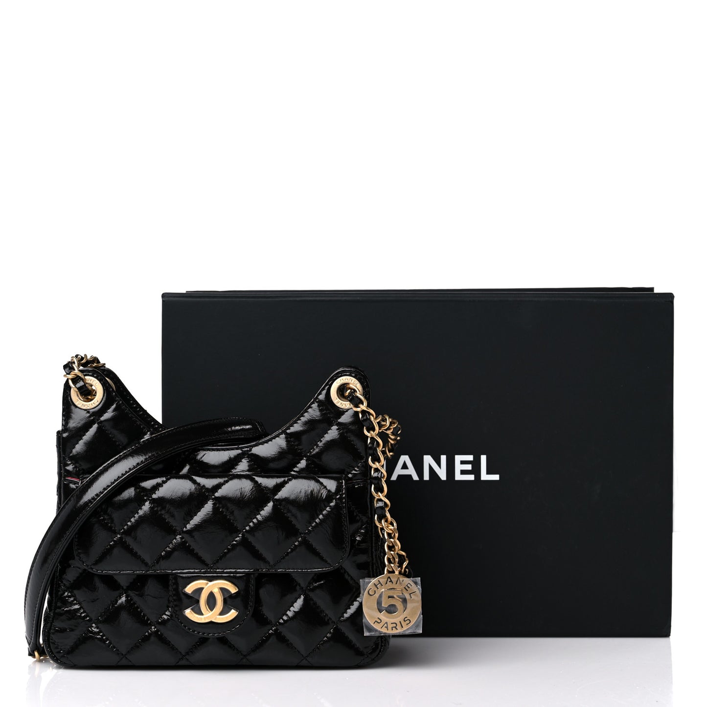 Shiny Crumpled Calfskin Quilted Small Wavy CC Hobo Black