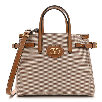 Valentino Garavani Cotton Canvas Calfskin Vlogo Small Antibes Tote Naturale Tobacco 1 of 12