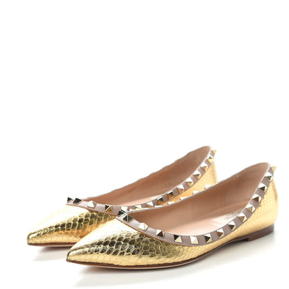 Valentino Garavani Metallic Elaphe Rockstud Ballerina Flats 36.5 Gold Poudre 3 of 9
