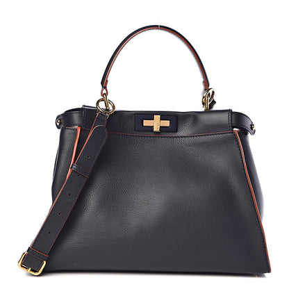 Fendi Vitello Seta Burro Medium Peekaboo Iconic Satchel Blue Notte Plaster 1 of 15