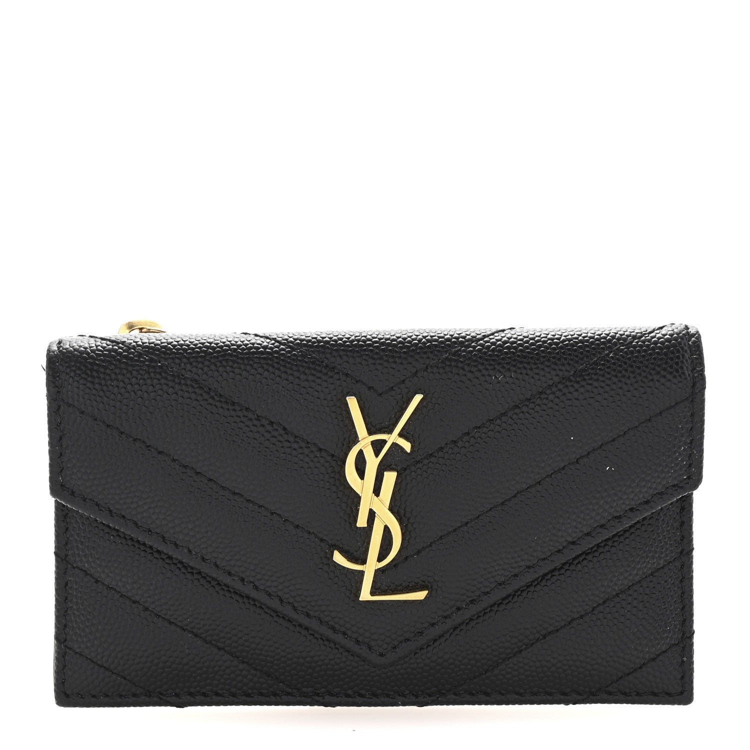 Saint Laurent Grain De Poudre Matelasse Chevron Monogram Compact Wallet Black 1 of 6