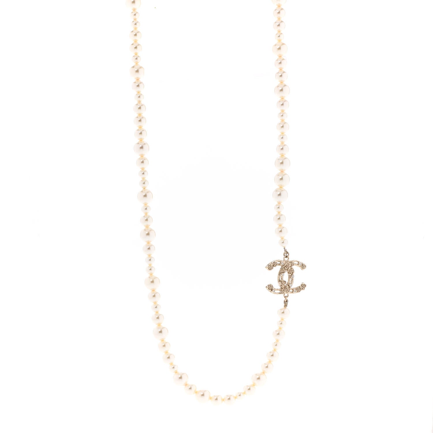 Chanel Pearl Crystal CC Camellia Long Necklace Gold 1 of 6
