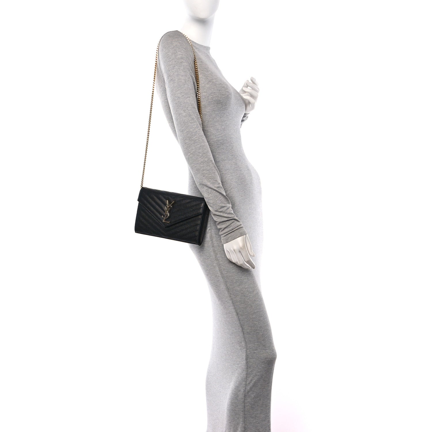 Saint Laurent Grain De Poudre Matelasse Chevron Monogram Chain Wallet Black 2 of 10