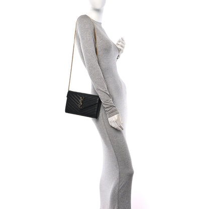 Saint Laurent Grain De Poudre Matelasse Chevron Monogram Chain Wallet Black 2 of 10