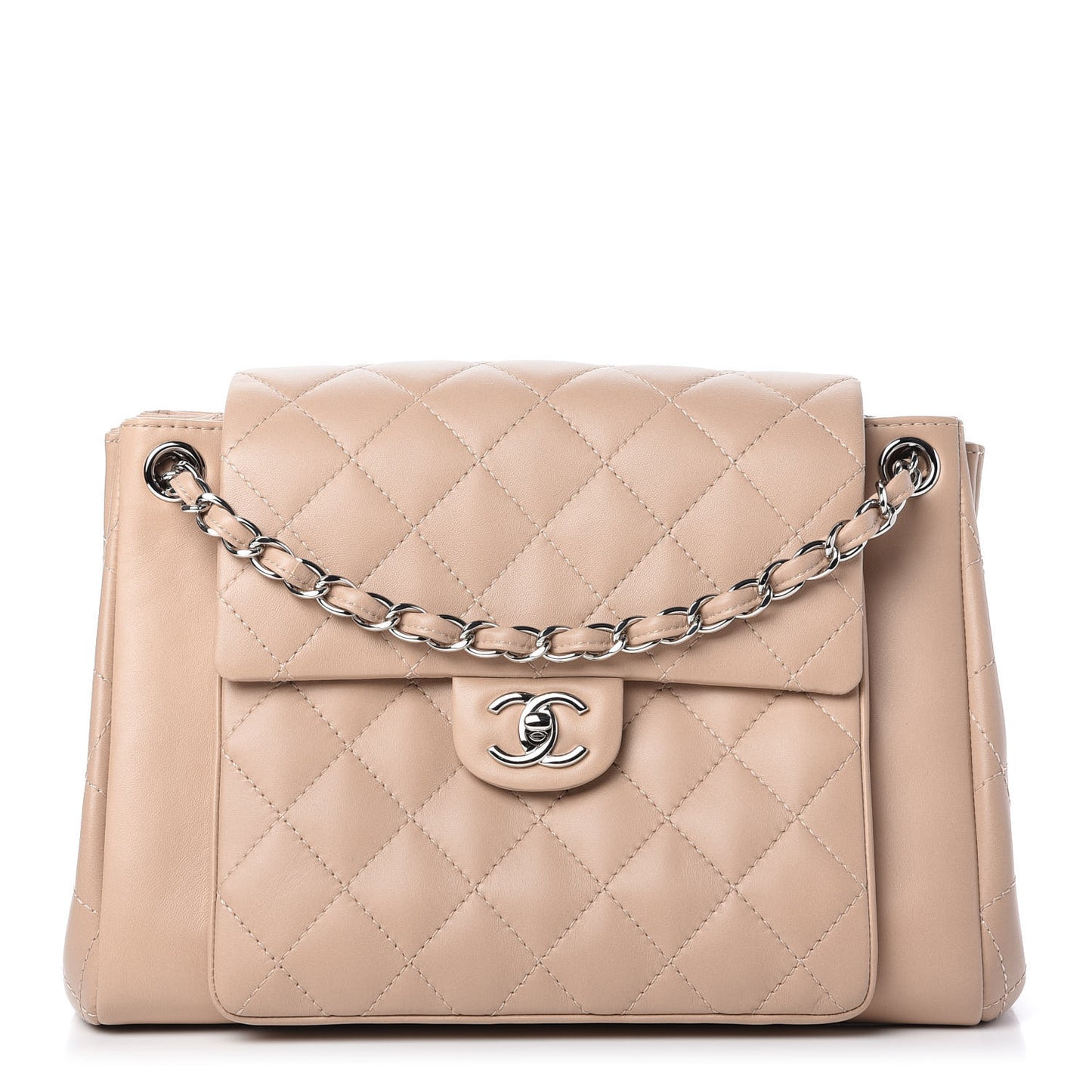 Lambskin Quilted CC Accordion Shopping Bag Beige