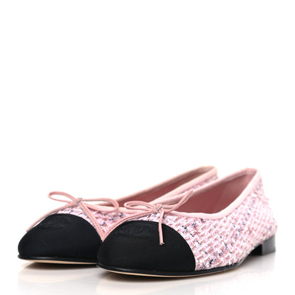 Chanel Tweed Grosgrain Cap Toe Ballerina Flats 37 Pink Black 3 of 9