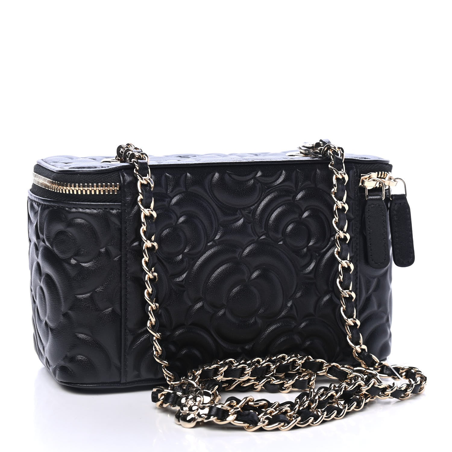 Chanel Lambskin Camellia Embossed Small Vanity Case With Chain Black 3 of 5