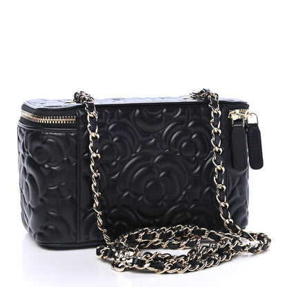 Chanel Lambskin Camellia Embossed Small Vanity Case With Chain Black 3 of 5