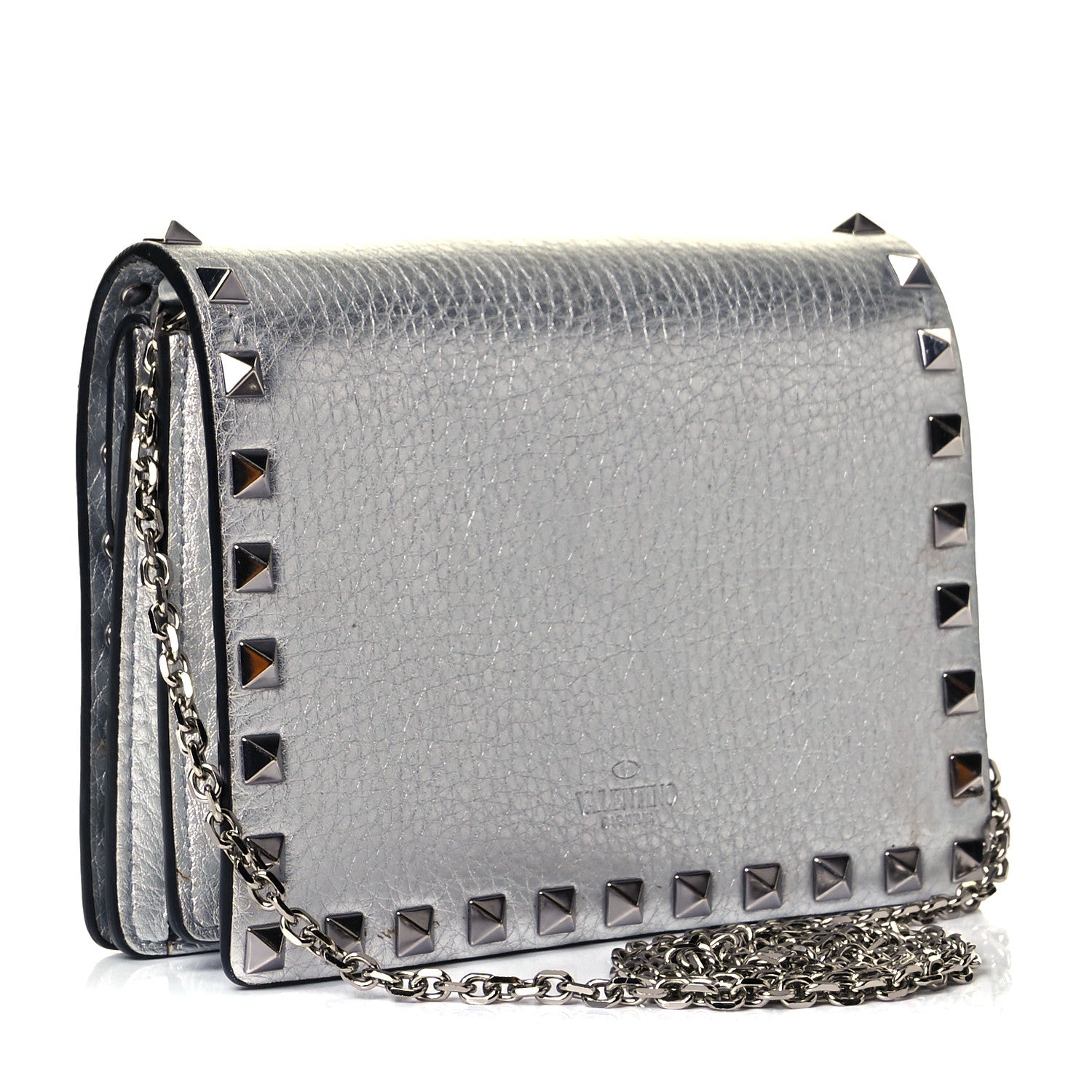 Valentino Garavani Metallic Pebbled Calfskin Rockstud Wallet on Chain Silver 4 of 15