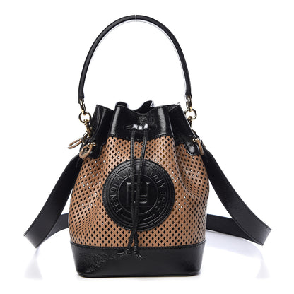 Fendi Vitello Liberty Glossy Lambskin F is Fendi Perforated Large Mon Tresor Bucket Bag Sand Mimosa Black 1 of 11