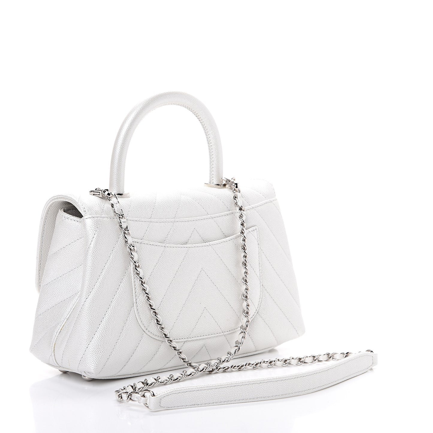 Iridescent Caviar Chevron Quilted Mini Coco Handle Flap White