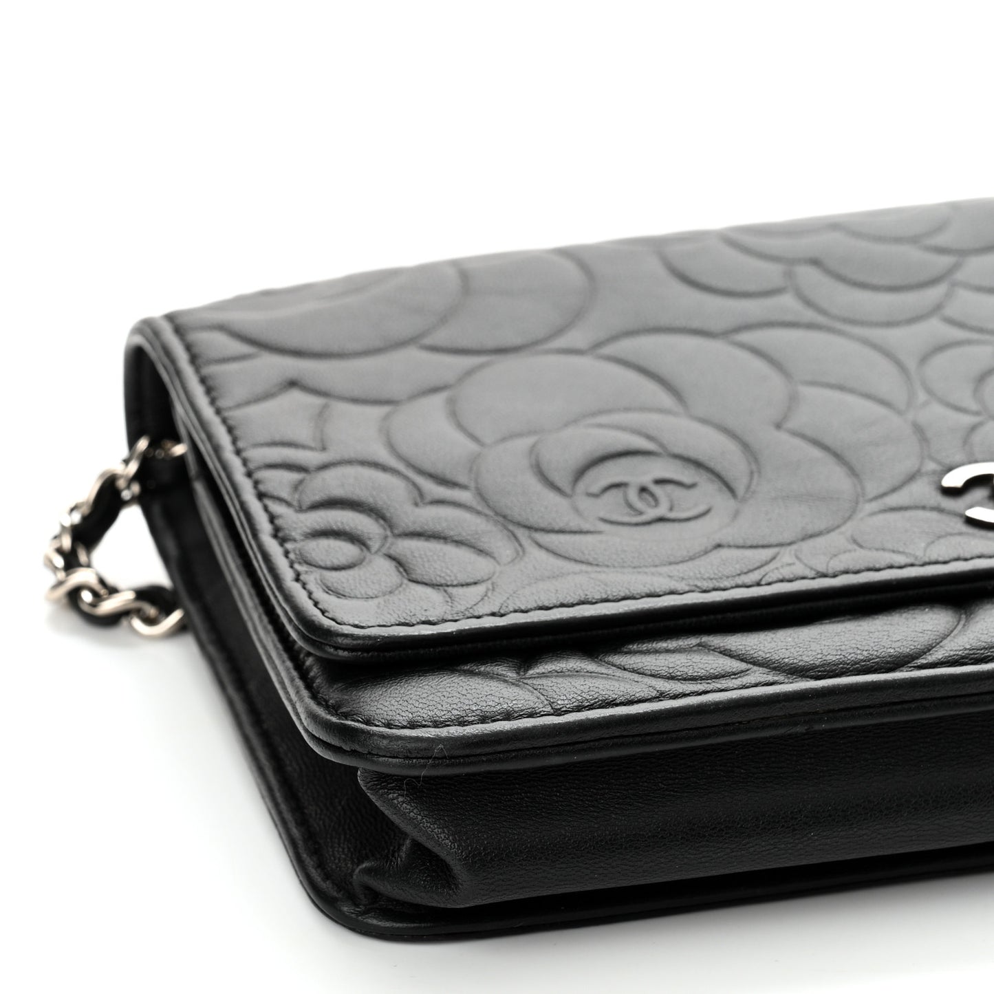 Lambskin Camellia Embossed Wallet on Chain WOC Black