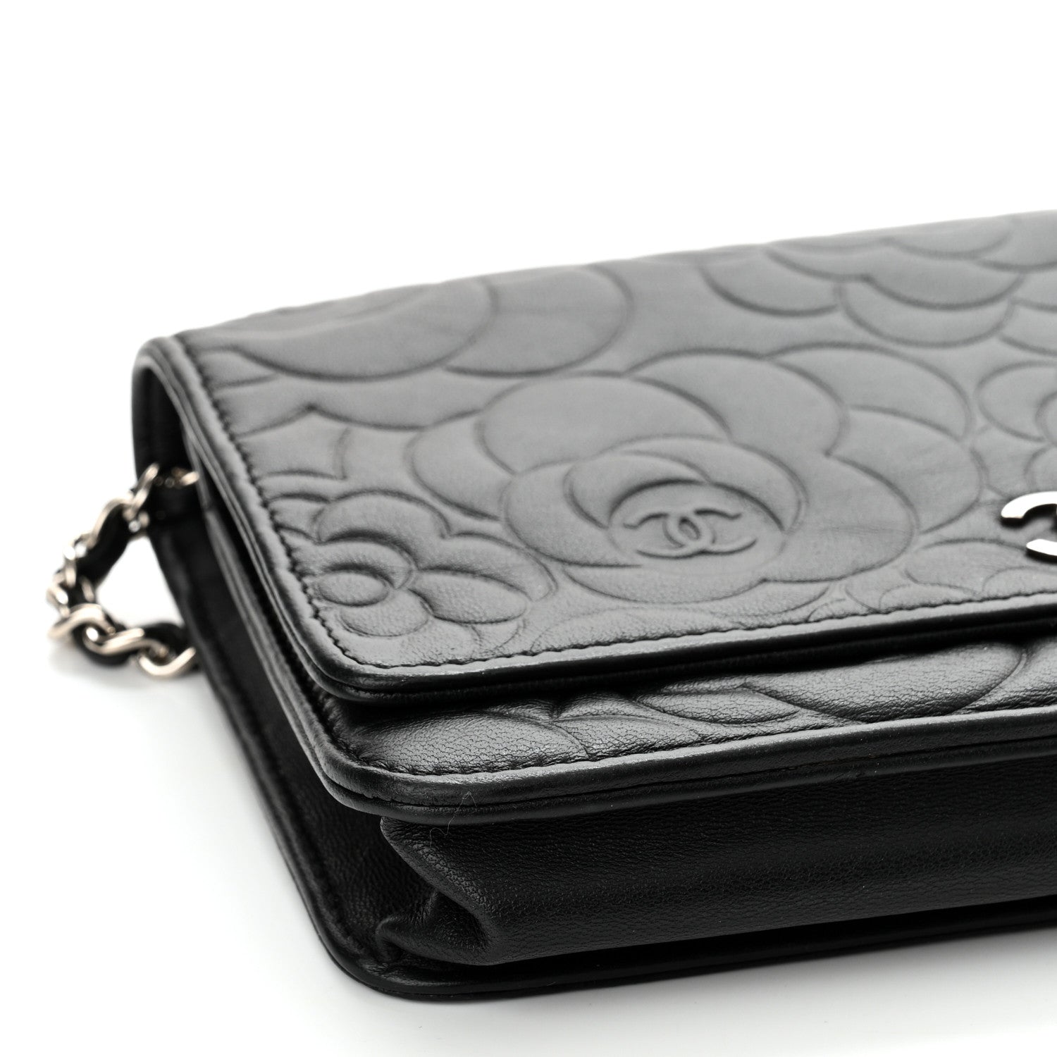 Chanel Lambskin Camellia Embossed Wallet on Chain WOC Black 9 of 10
