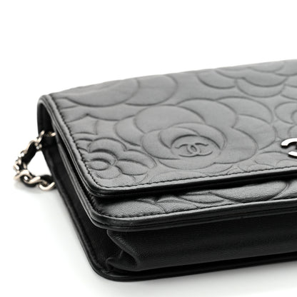 Chanel Lambskin Camellia Embossed Wallet on Chain WOC Black 9 of 10